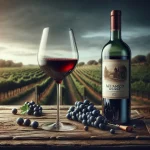 Bouteille de vin Aglianico rouge accompagnée de verres remplis, mettant en valeur la couleur profonde et les arômes riches de ce vin unique.