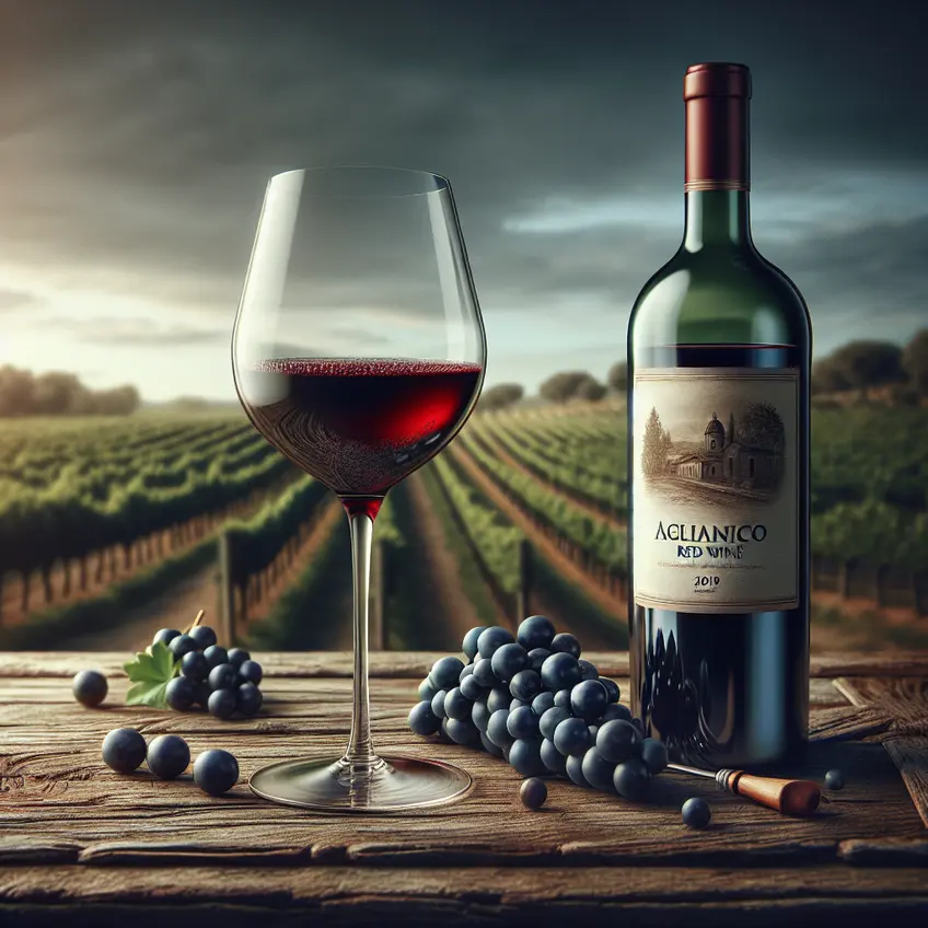 Bouteille de vin Aglianico rouge accompagnée de verres remplis, mettant en valeur la couleur profonde et les arômes riches de ce vin unique.