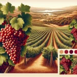 Grappe de raisins Barbera, cépage de vin rouge, cultivés dans un vignoble avec des feuilles verdoyantes en arrière-plan.