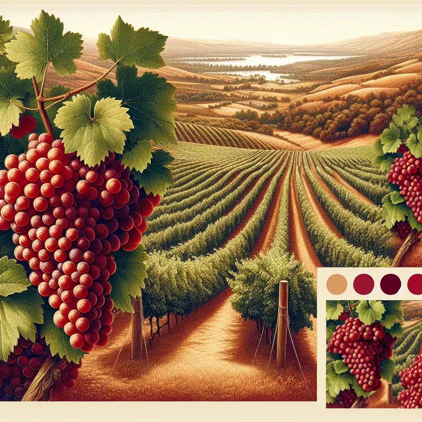 Grappe de raisins Barbera, cépage de vin rouge, cultivés dans un vignoble avec des feuilles verdoyantes en arrière-plan.