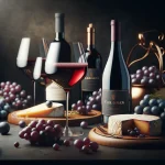 Bouteilles de vin Carignan sur une table en bois, accompagnées de verres remplis de vin rouge et de mets savoureux.