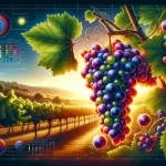 Raisin du cépage Grenache sur une vigne ensoleillée, mettant en valeur ses grappes mûres et sa feuillage verdoyant.