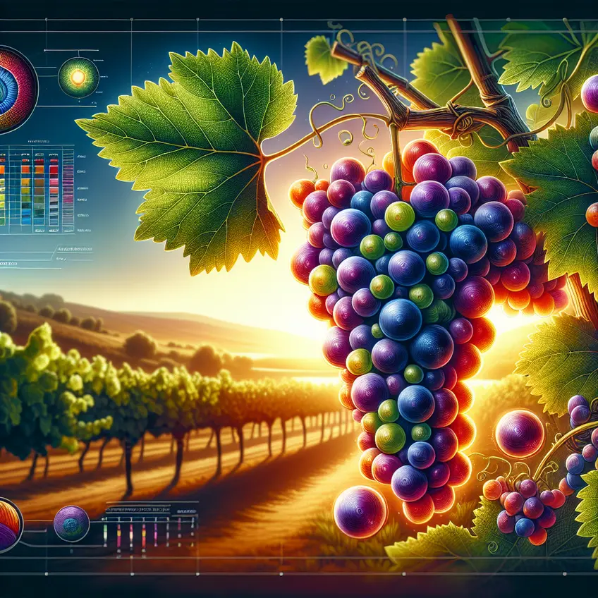 Raisin du cépage Grenache sur une vigne ensoleillée, mettant en valeur ses grappes mûres et sa feuillage verdoyant.