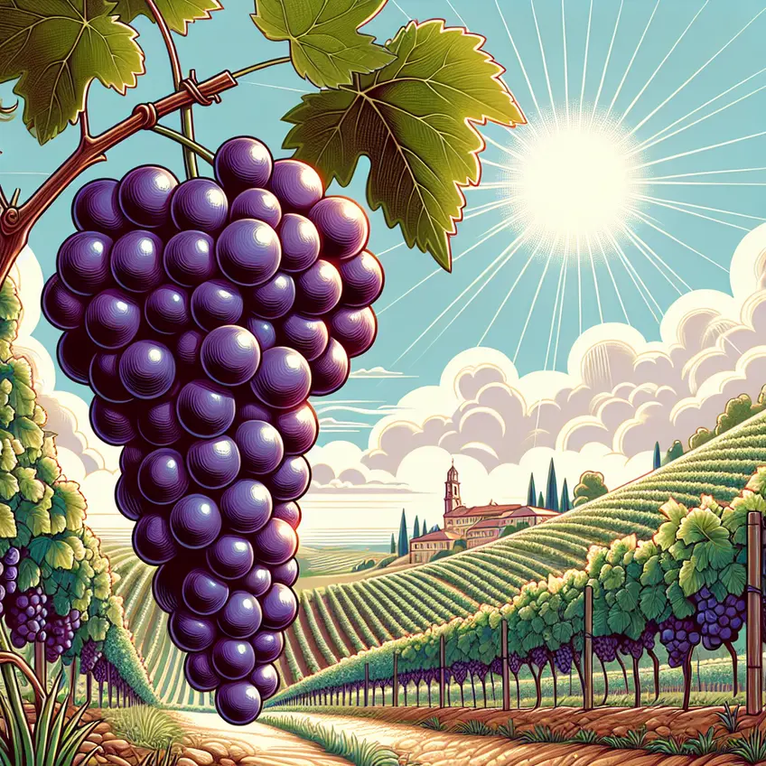 Image d'un vignoble de Garnacha teinturière avec des raisins mûrs, mettant en valeur les caractéristiques de cette variété unique.