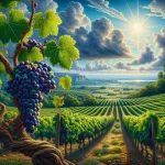 Vigne de Mondeuse avec des grappes de raisin mûr, en arrière-plan des collines verdoyantes typiques de la région viticole.