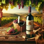 Bouteille de Montepulciano, vin rouge italien, avec un verre rempli à côté, sur une table en bois rustique, chers arômes de fruits rouges et terre.