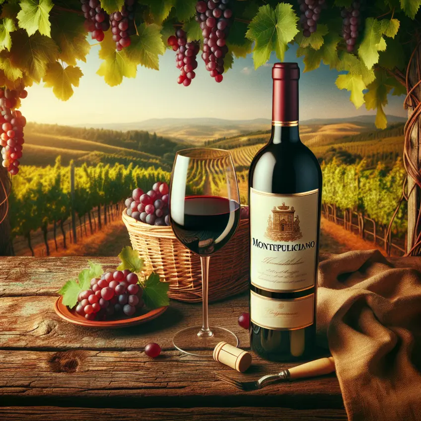 Bouteille de Montepulciano, vin rouge italien, avec un verre rempli à côté, sur une table en bois rustique, chers arômes de fruits rouges et terre.