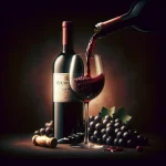 Verre de vin rouge Mourvèdre avec des arômes de fruits rouges et épices, accompagné de plats gastronomiques en arrière-plan.