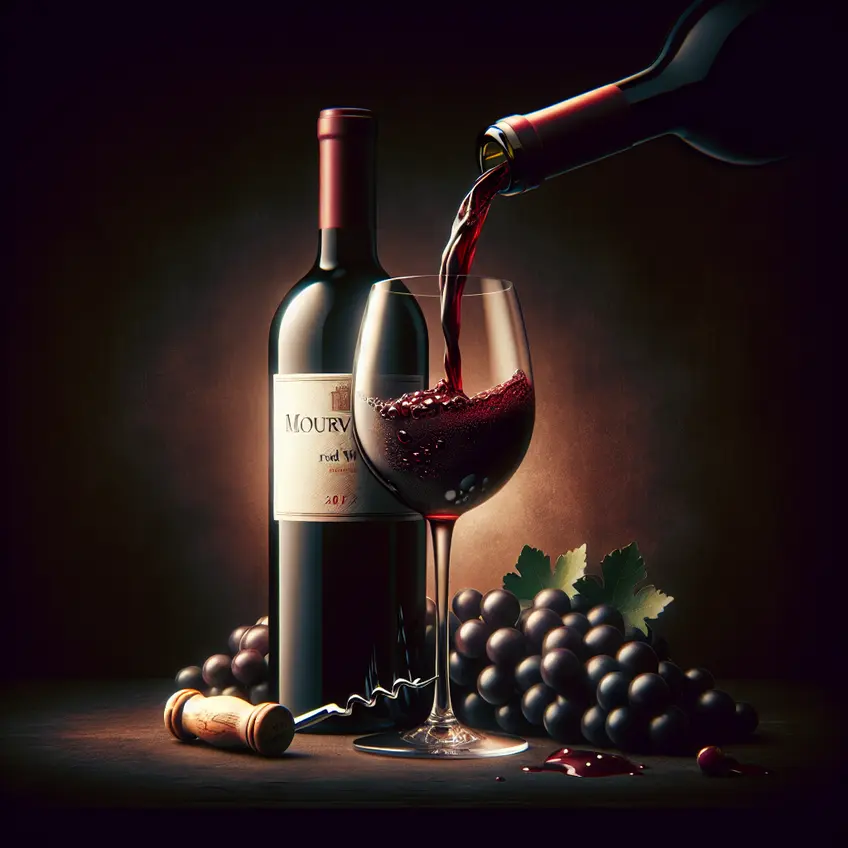 Verre de vin rouge Mourvèdre avec des arômes de fruits rouges et épices, accompagné de plats gastronomiques en arrière-plan.