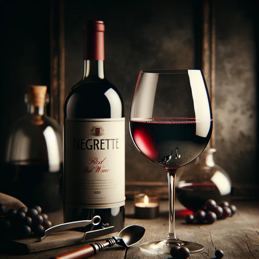 Verre de vin rouge Négrette avec une couleur profonde, accompagné de raisins et de fromages, illustrant les saveurs uniques et subtiles de ce cépage.
