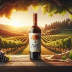 Bouteille de Nero d'Avola vin rouge avec un verre rempli, entourée de raisins noirs et de paysages viticoles de Sicile.