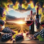 Vigne de Plavac Mali avec des grappes de raisin rouge mûr en pleine lumière, illustrant le cépage exceptionnel utilisé pour produire le vin rouge Plavac Mali.