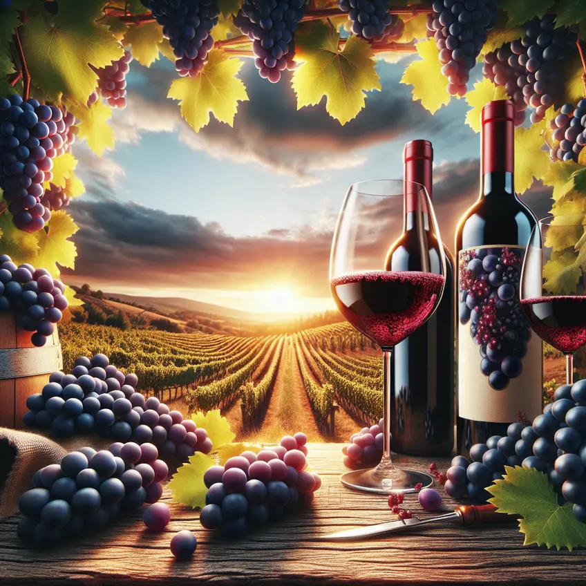 Vigne de Plavac Mali avec des grappes de raisin rouge mûr en pleine lumière, illustrant le cépage exceptionnel utilisé pour produire le vin rouge Plavac Mali.