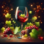 Bouteille de Saperavi vin rouge entourée de grappes de raisin et de verres en cristal, illustrant ses caractéristiques uniques.