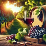 Vignes de Tannat bien entretenues sous un ciel ensoleillé, avec des grappes de raisins rouges mûrs prêtes à être récoltées, représentant le cépage de vin rouge Tannat.