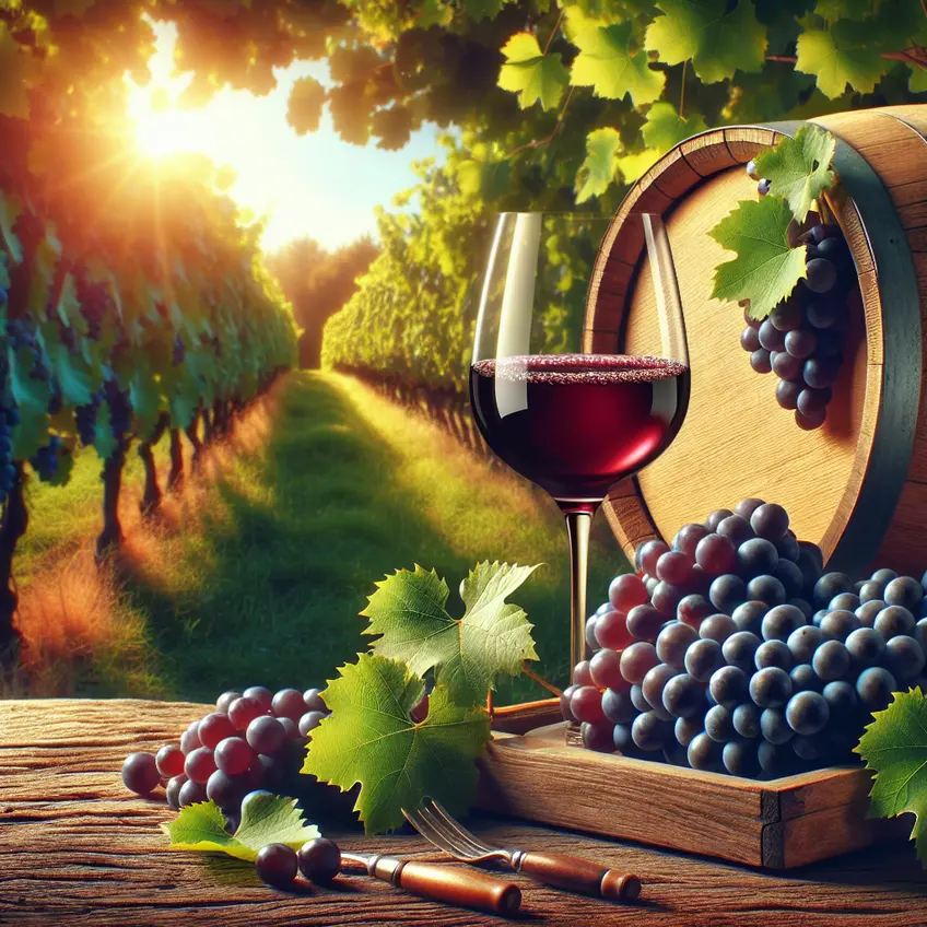 Vignes de Tannat bien entretenues sous un ciel ensoleillé, avec des grappes de raisins rouges mûrs prêtes à être récoltées, représentant le cépage de vin rouge Tannat.