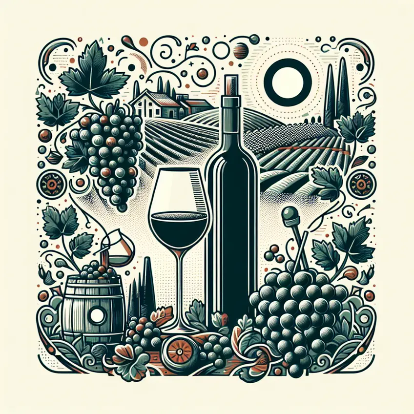 Verre de vin Cabernet Franc rouge profond avec des arômes de fruits rouges et d'épices, entouré de grappes de raisin Cabernet Franc sur une table en bois rustique.