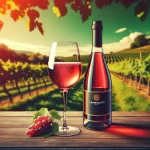 Bouteille de Vin Lambrusco servie dans un verre, entourée de raisins et de verdures, illustrant les saveurs pétillantes et fruitées de ce vin italien.
