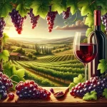 Un verre de vin Merlot rouge profond avec des grappes de raisins Merlot et des feuilles de vigne en arrière-plan.