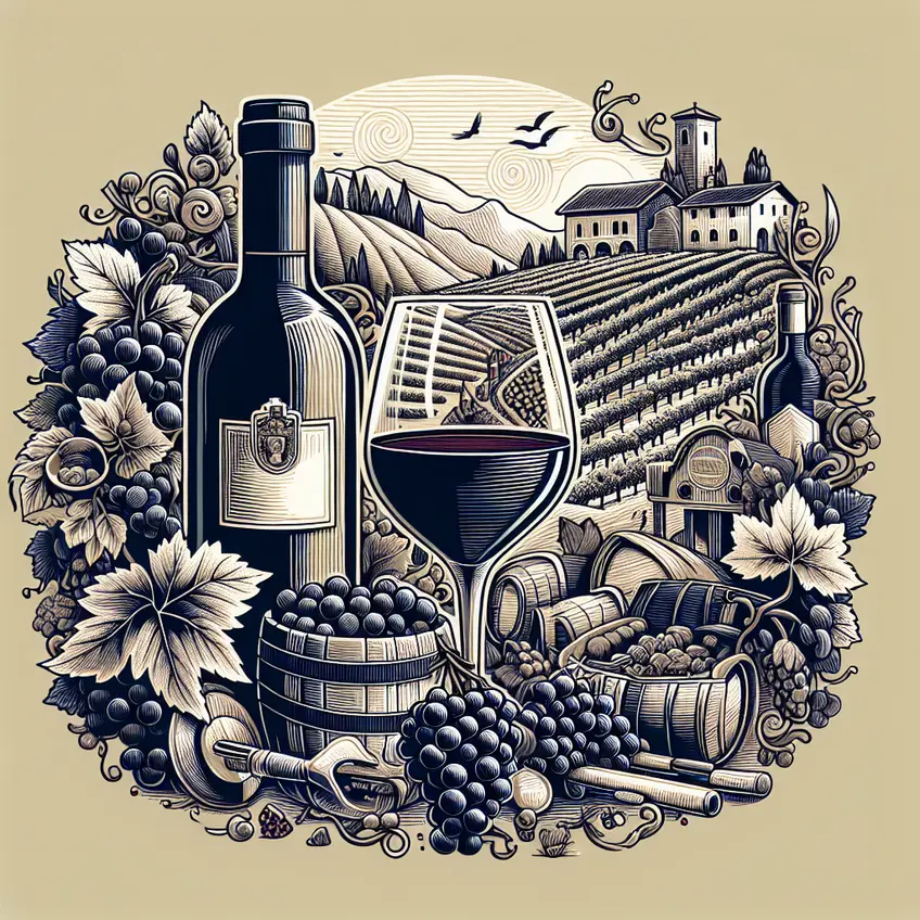 Verre de vin Nebbiolo, révellant une robe rubis intense, entouré de raisins Nebbiolo et d'une charcuterie fine, évoquant ses saveurs uniques et raffinées.