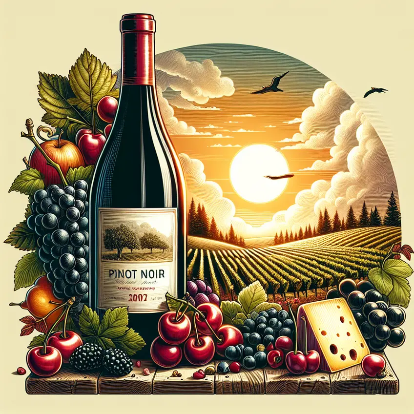 Vin Pinot Noir dans un verre, mettant en valeur sa robe rubis et ses arômes fruités, accompagné de mets qui soulignent ses accords parfaits.