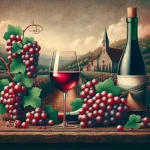 Image d'un verre de vin rouge Poulsard, entouré de raisins du cépage et d'un vignoble en arrière-plan, illustrant les arômes uniques du Vin Poulsard.