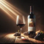 Bouteille de vin Zinfandel avec un verre rempli, entourée de raisins et d'une nappe élégante, illustrant les saveurs uniques et raffinées de ce vin.