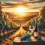 Vins Blaufränkisch : verre de vin rouge profond entouré de raisins et de vignobles en arrière-plan.