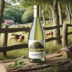 Vin blanc Alligoté servi dans un verre élégant, accompagné de fromages et de charcuterie sur une table en bois, évoquant une dégustation conviviale.