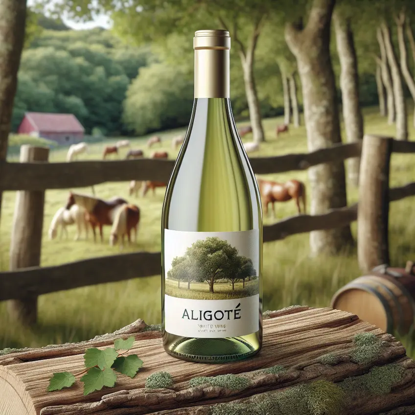 Vin blanc Alligoté servi dans un verre élégant, accompagné de fromages et de charcuterie sur une table en bois, évoquant une dégustation conviviale.