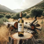 Vin blanc grec Assyrtiko dans un verre, accompagné de fromages et de fruits, mettant en avant ses saveurs uniques.