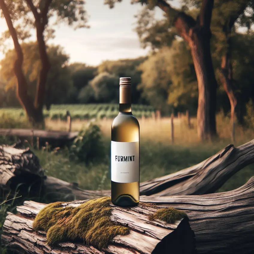 Verre de Furmint vin blanc hongrois dégusté en extérieur, mettant en valeur sa couleur dorée et des raisins Furmint sur la table.