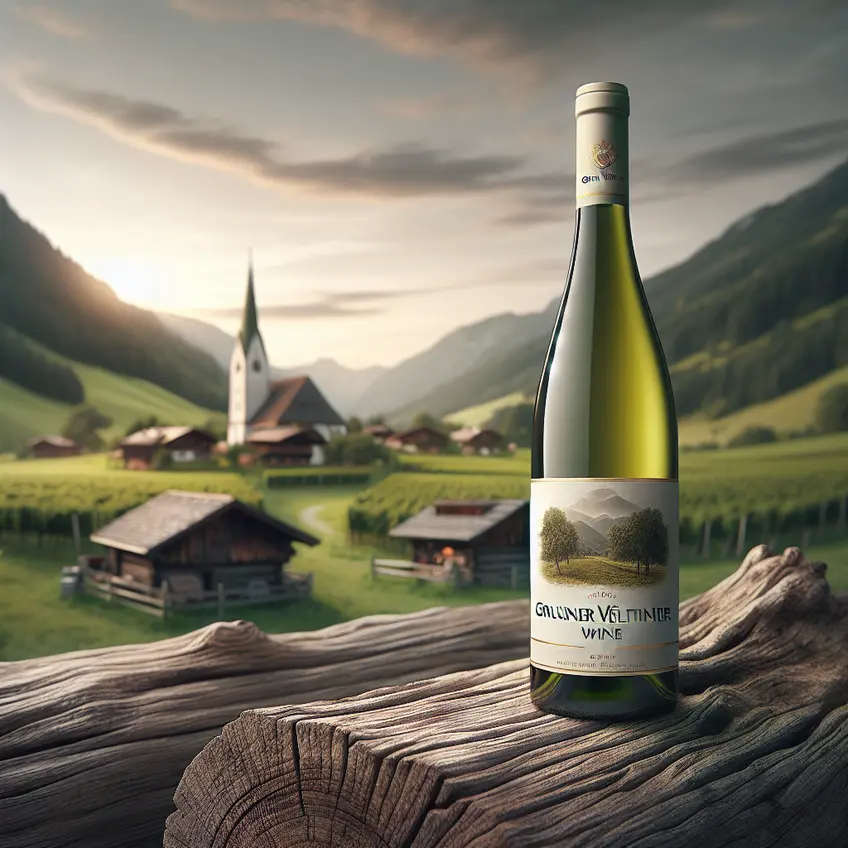 Image d'un verre de Grüner Veltliner accompagné de raisins et d'un paysage viticole autrichien en arrière-plan.