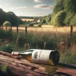 Bouteilles de Melon de Bourgogne vin alignées sur une table en bois, entourées de grappes de raisin et de verres à vin, évoquant la richesse et la subtilité de ce cépage.
