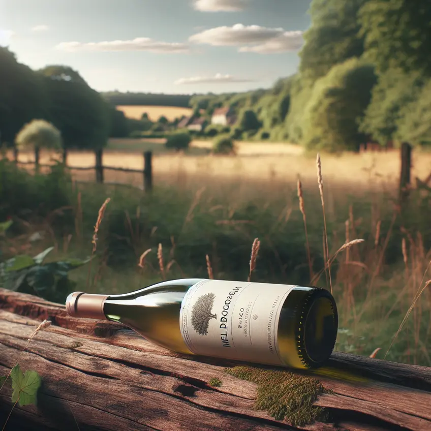 Bouteilles de Melon de Bourgogne vin alignées sur une table en bois, entourées de grappes de raisin et de verres à vin, évoquant la richesse et la subtilité de ce cépage.