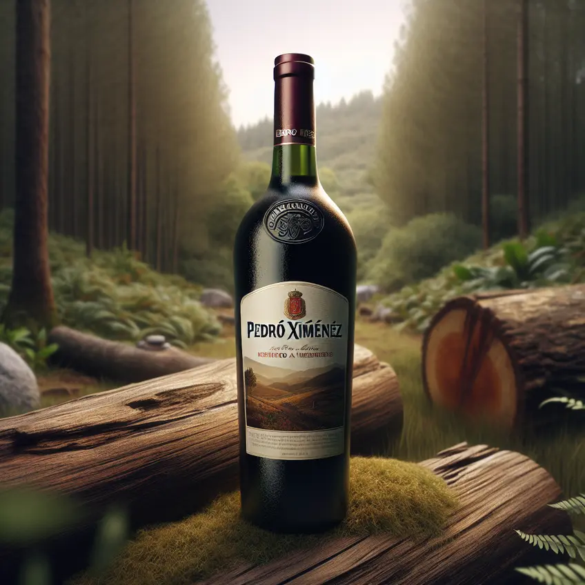 Bouteille de vin Pedro Ximénez entourée de raisins noirs mûrs et d'un verre rempli de ce vin sucré, évoquant des notes de figue et de caramel.