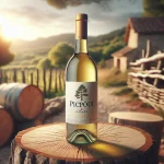 Vin blanc Picpoul de Pinet servi dans un verre élégant, avec une bouteille en arrière-plan et des grappes de raisin sur une table en bois.
