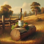 Une bouteille de Pinot Gris vin blanc avec un verre rempli, entourée de raisins et de fromage dans un cadre élégant.