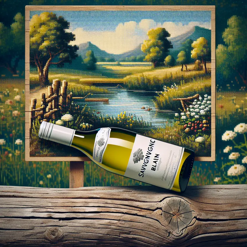 Verre de Sauvignon Blanc vin avec une couleur jaune pâle et des arômes de fruits frais, accompagné de grappes de raisins sur une table en bois.