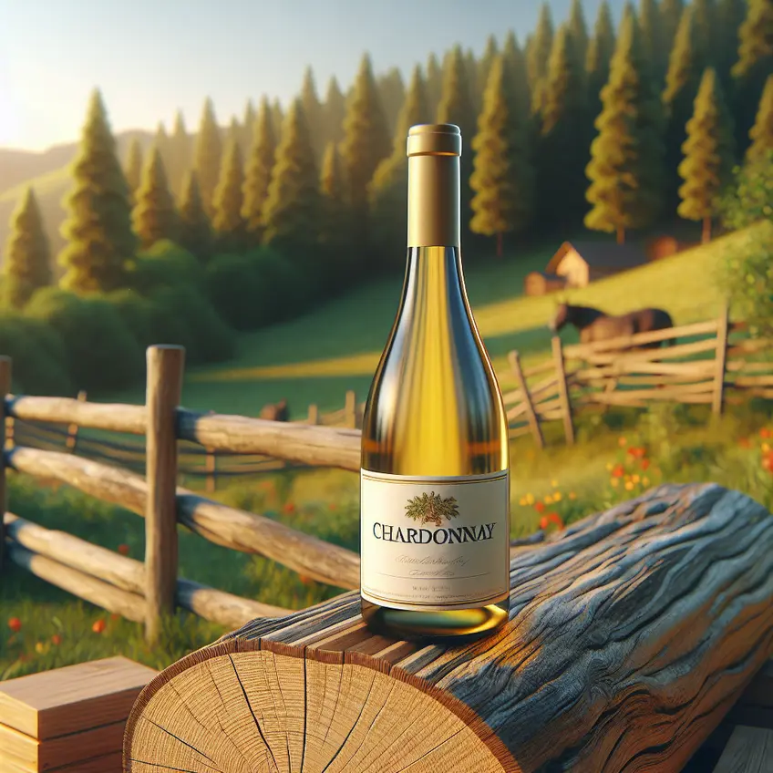 Vin Chardonnay : verre de vin blanc avec des reflets dorés, bouteille de Chardonnay en arrière-plan, vignoble ensoleillé.