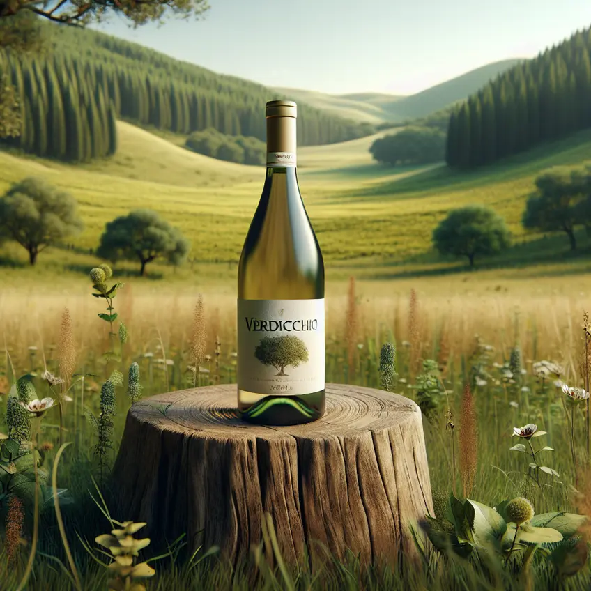 Vin Verdicchio : bouteille de vin blanc et verres remplis, accompagnés de plats gastronomiques en arrière-plan.