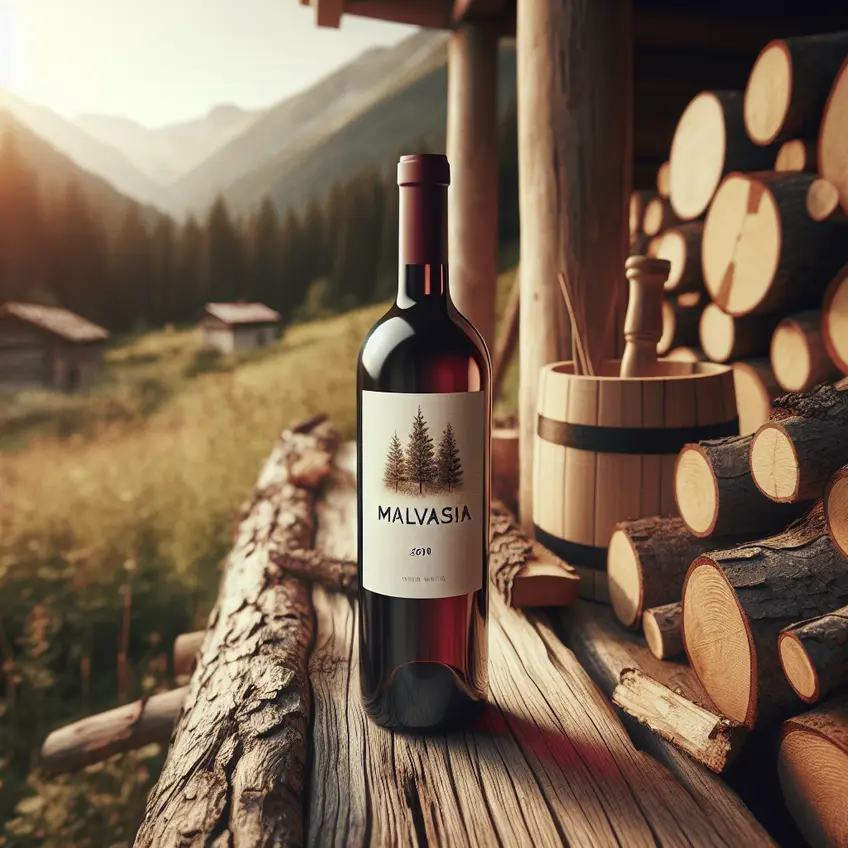 Image de bouteilles de Vins de Malvasia disposées sur une table en bois, accompagnées de verres pleins de vin, avec une vue de vignobles en arrière-plan.
