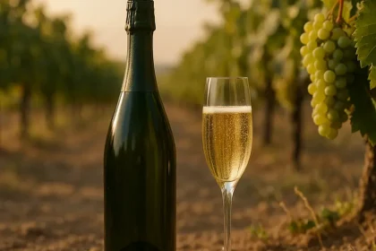 Verres de Cava avec vignes en arrière-plan
