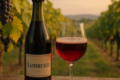 Bouteilles de Lambrusco et vignes luxuriantes.