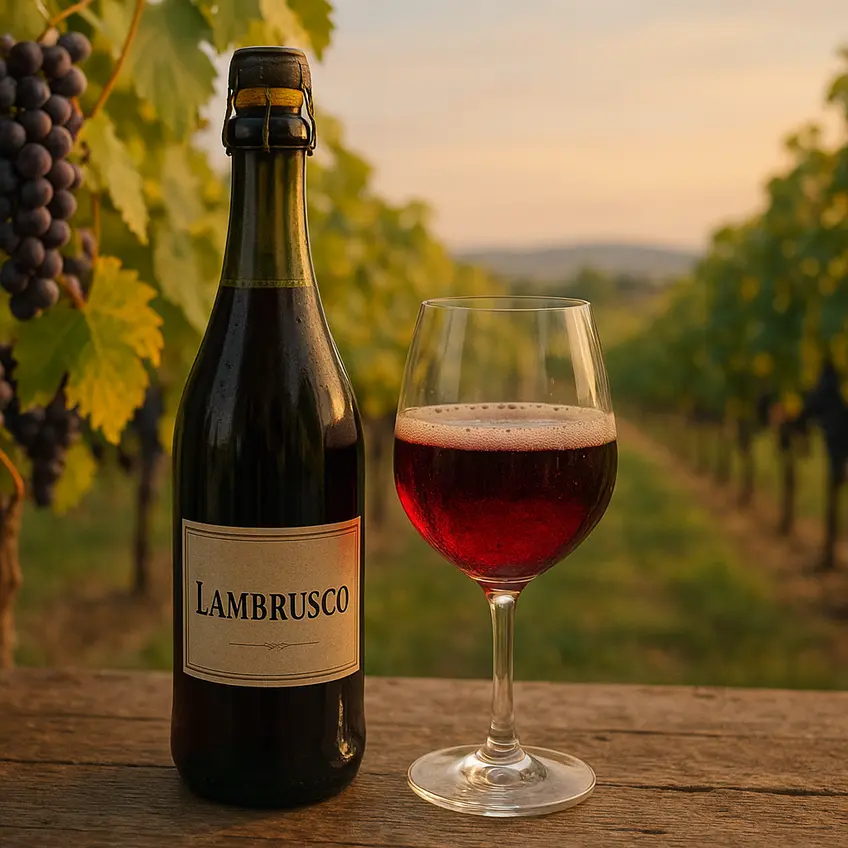 Bouteilles de Lambrusco et vignes luxuriantes.
