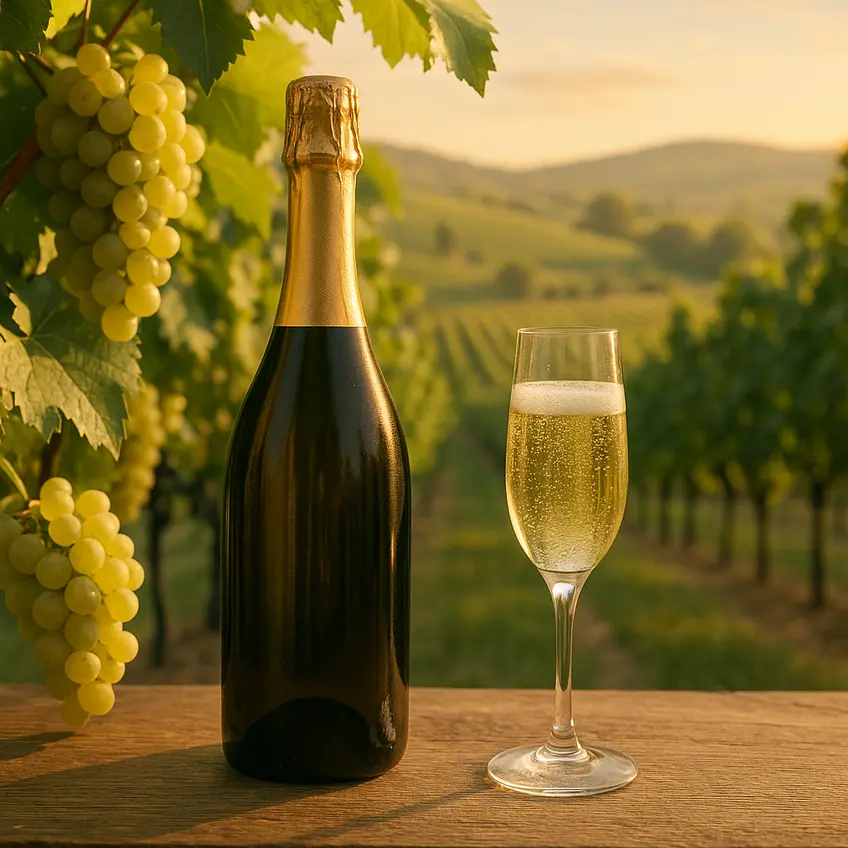 Verres de Prosecco avec paysage viticole en arrière-plan