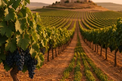 Vignes de Ribera del Duero au coucher du soleil.