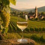 Vignes en Alsace avec raisins et verre de vin