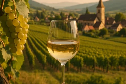 Vignes en Alsace avec raisins et verre de vin