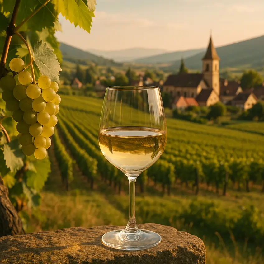 Vignes en Alsace avec raisins et verre de vin